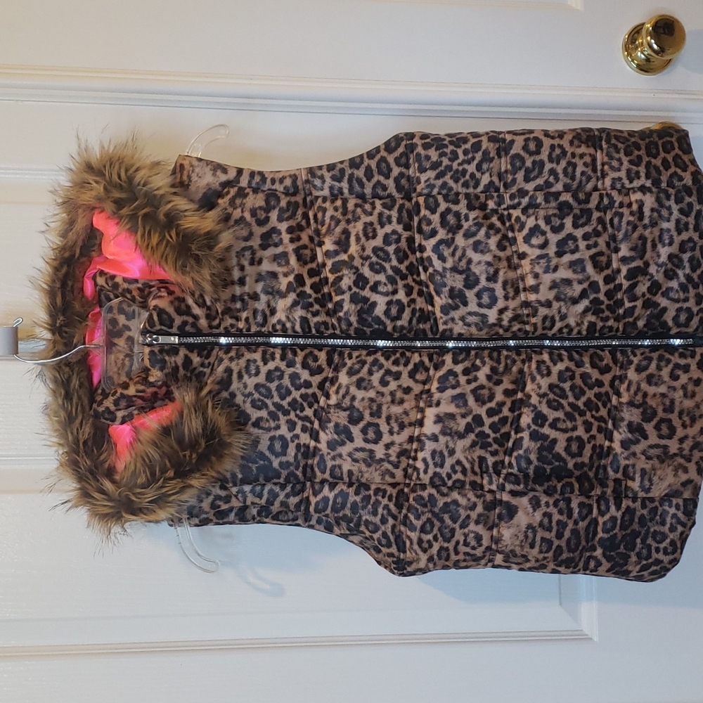 Juicy Couture Hooded Puffer Vest in Animal Leopard Print Faux Fur Trim Large